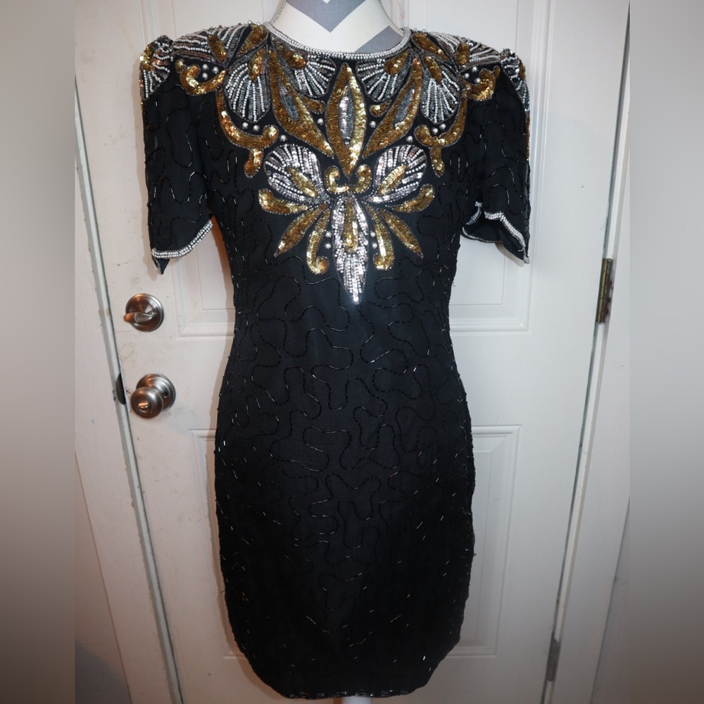 Vintage Denise Elle Sequin Dress Women’s Beaded Silk Evening Fitted PM